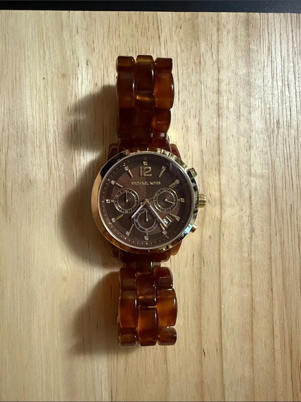 Michael Kors Brown Tortoiseshell Resin Link Chronograph Watch with Gold Accents